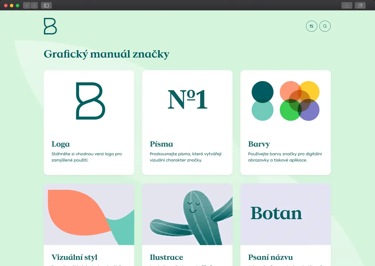 Úvodní stránka online grafického manuálu Botanické zahrady Liberec s kartami Loga, Písma, Barvy, Vizuální styl, Ilustrace a Psaní názvu