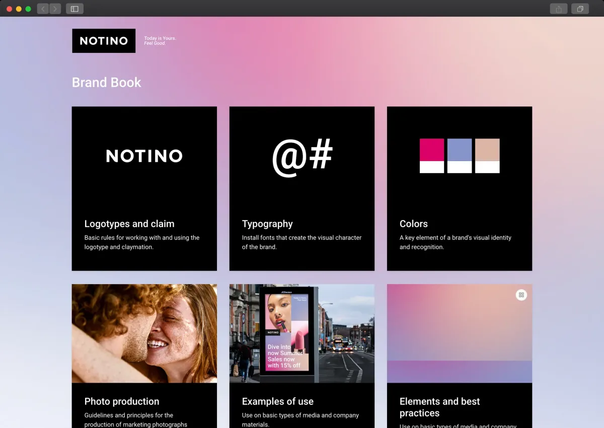 Online brand book značky Notino s kartami Logotypes and claim, Typography, Colors, Photo production a Examples of use