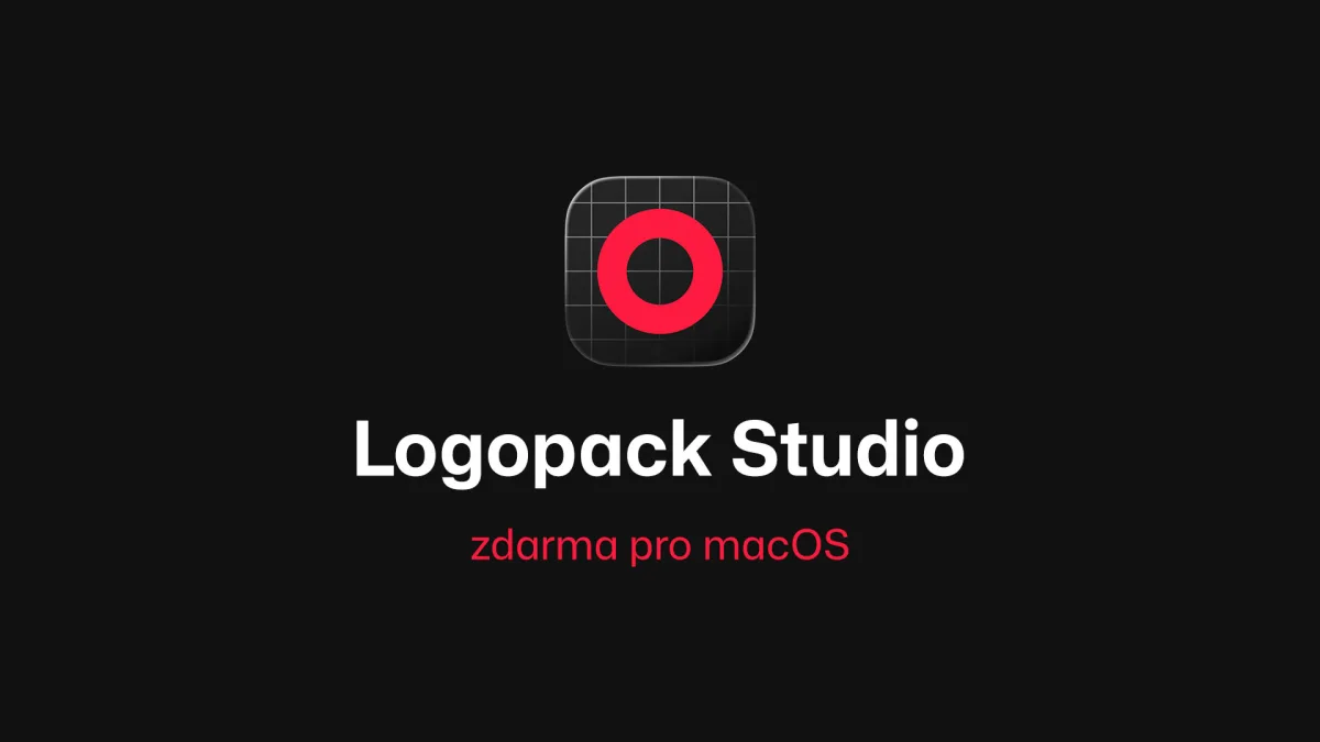 Ikona aplikace Logopack Studio a nápis „Logopack Studio zdarma pro macOS“ na černém pozadí