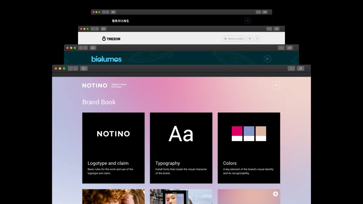 Online brand manuály značek Notino, Biolumos, Trezor a Braiins v oknech prohlížeče