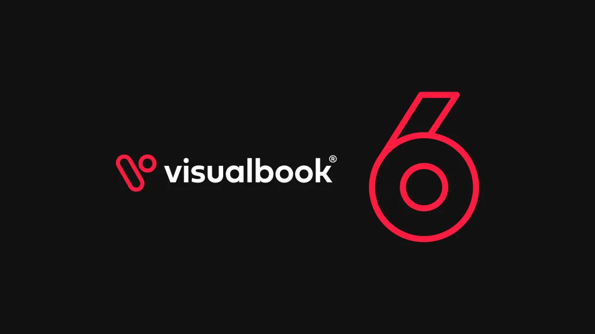 Logo Visualbook a velká červená obrysová číslice 6 na černém pozadí